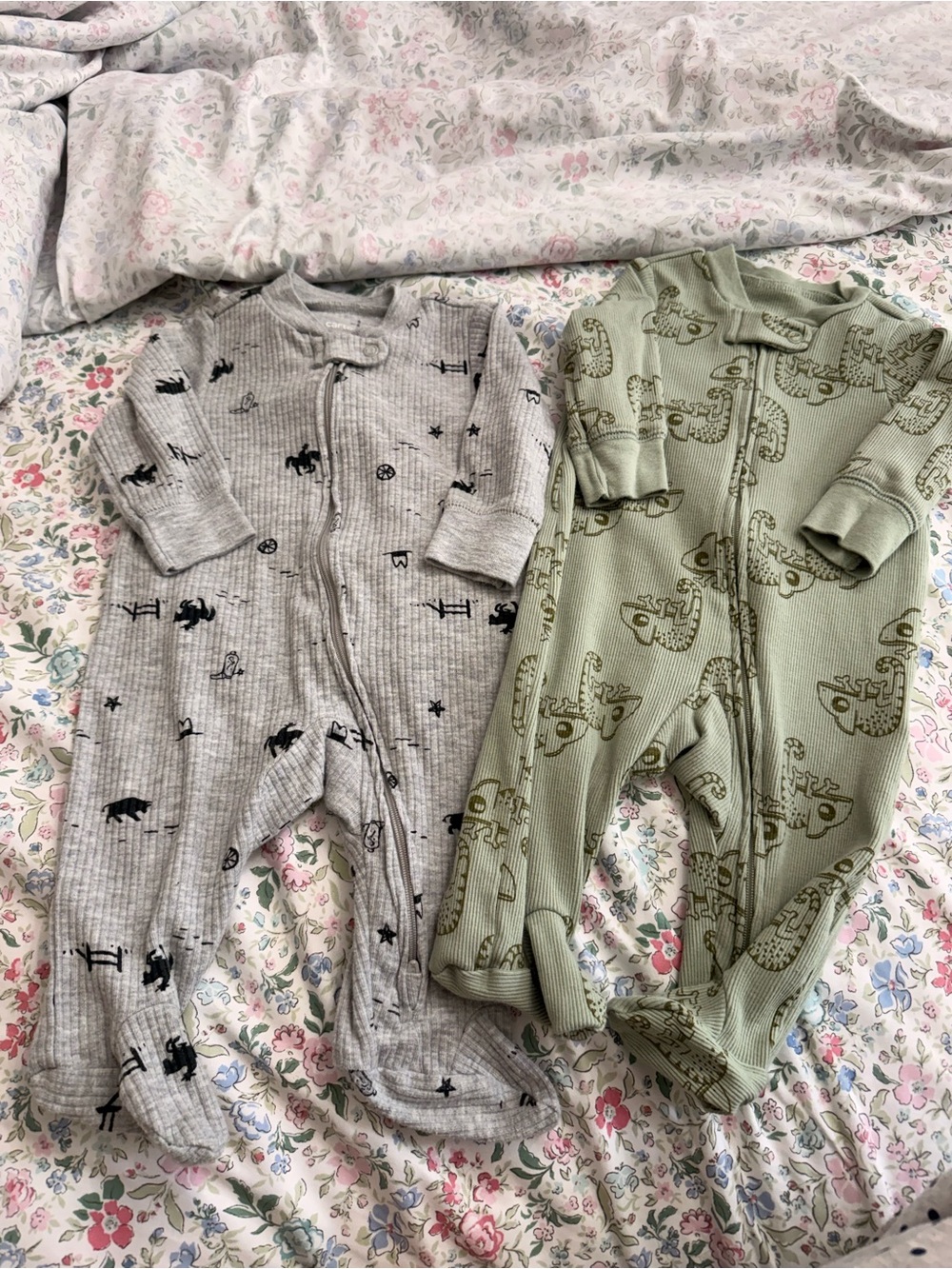Carter's Gray Ribbed & Sage Green Printed Footed One-Piece bundle